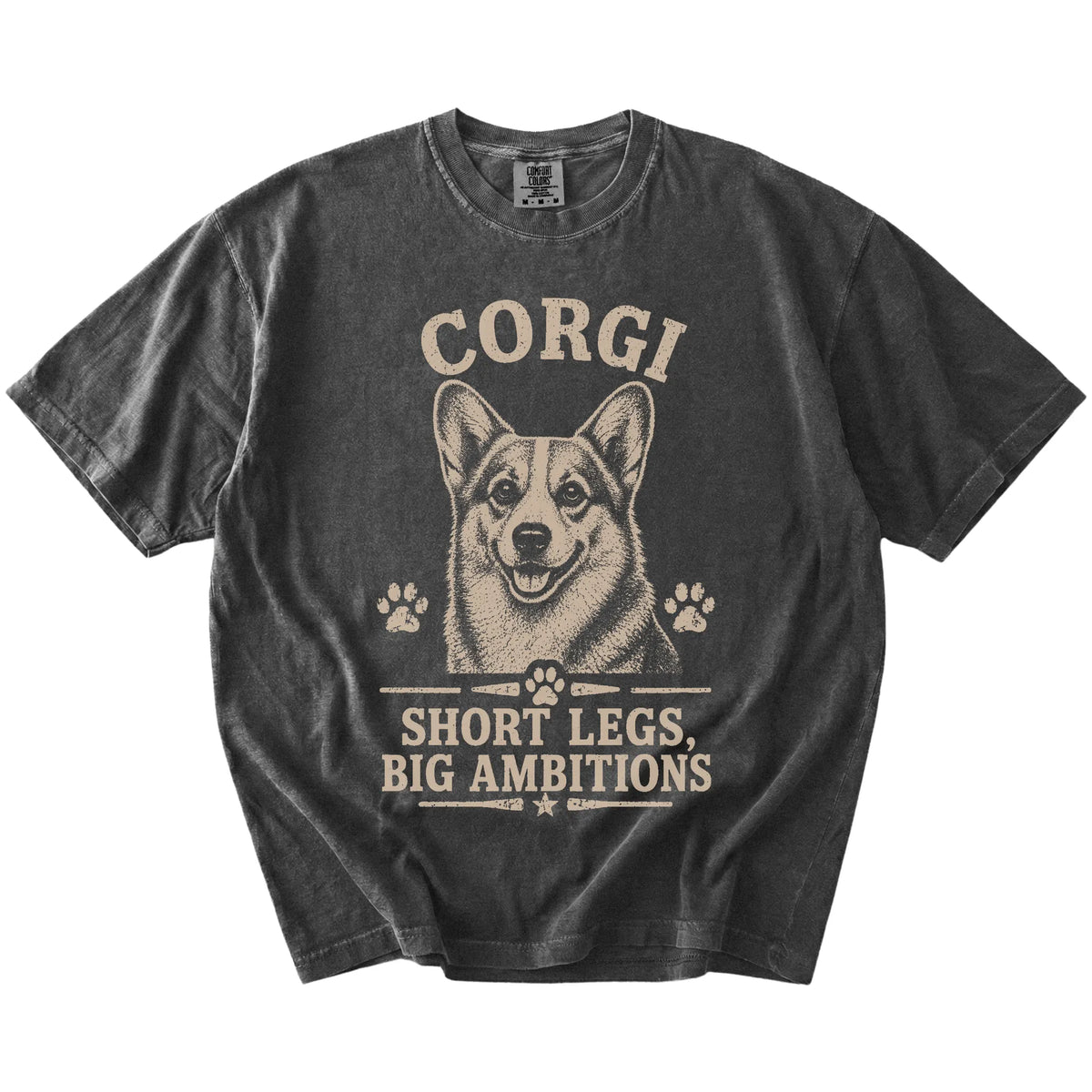 Corgi design with “Short Legs, Big Ambitions” lettering on a Pepper Comfort Colors® T-shirt