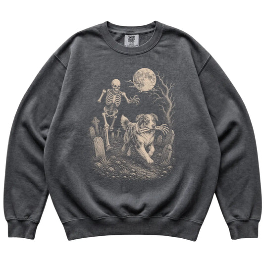 Pepper Skeleton Chase Australian Shepherd Comfort Colors sweatshirt, flat view