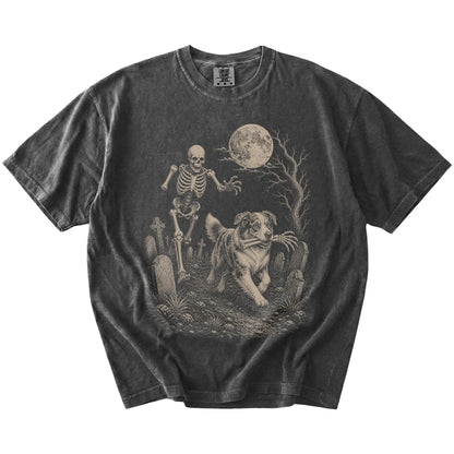 Australian Shepherd running from a skeleton on a Pepper Comfort Colors® T-shirt