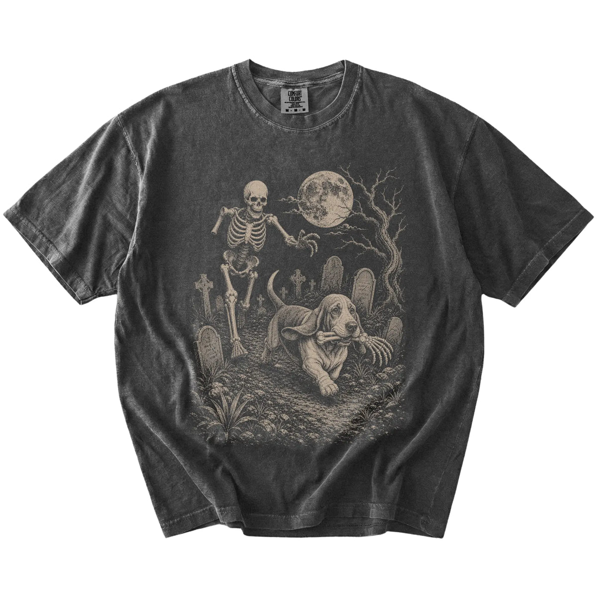 Basset Hound running from a skeleton on a Pepper Comfort Colors® T-shirt
