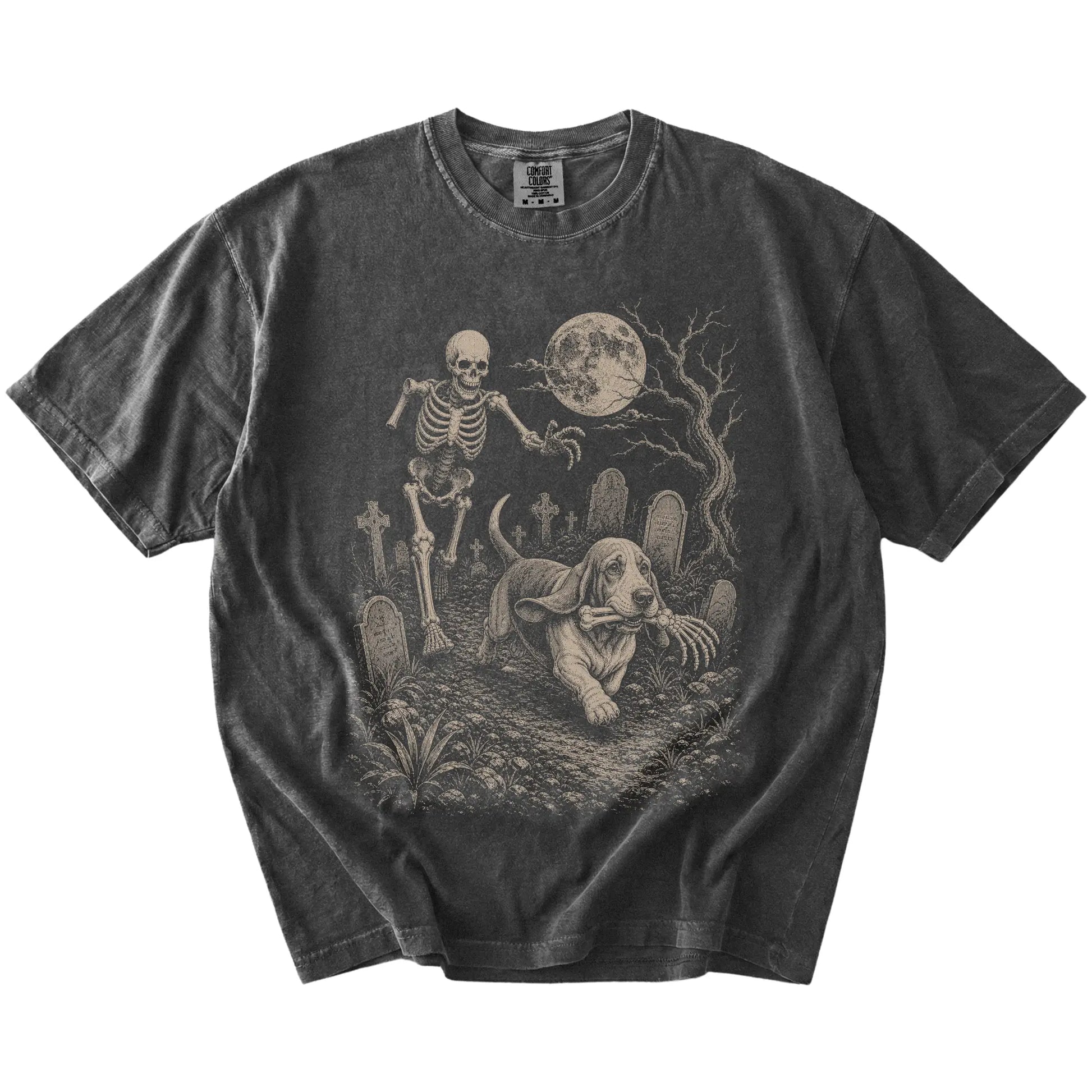 Basset Hound running from a skeleton on a Pepper Comfort Colors® T-shirt