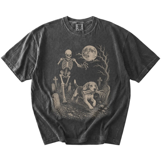 Beagle running from a skeleton on a Pepper Comfort Colors® T-shirt