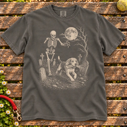 Beagle running from a skeleton on a Pepper Comfort Colors® T-shirt