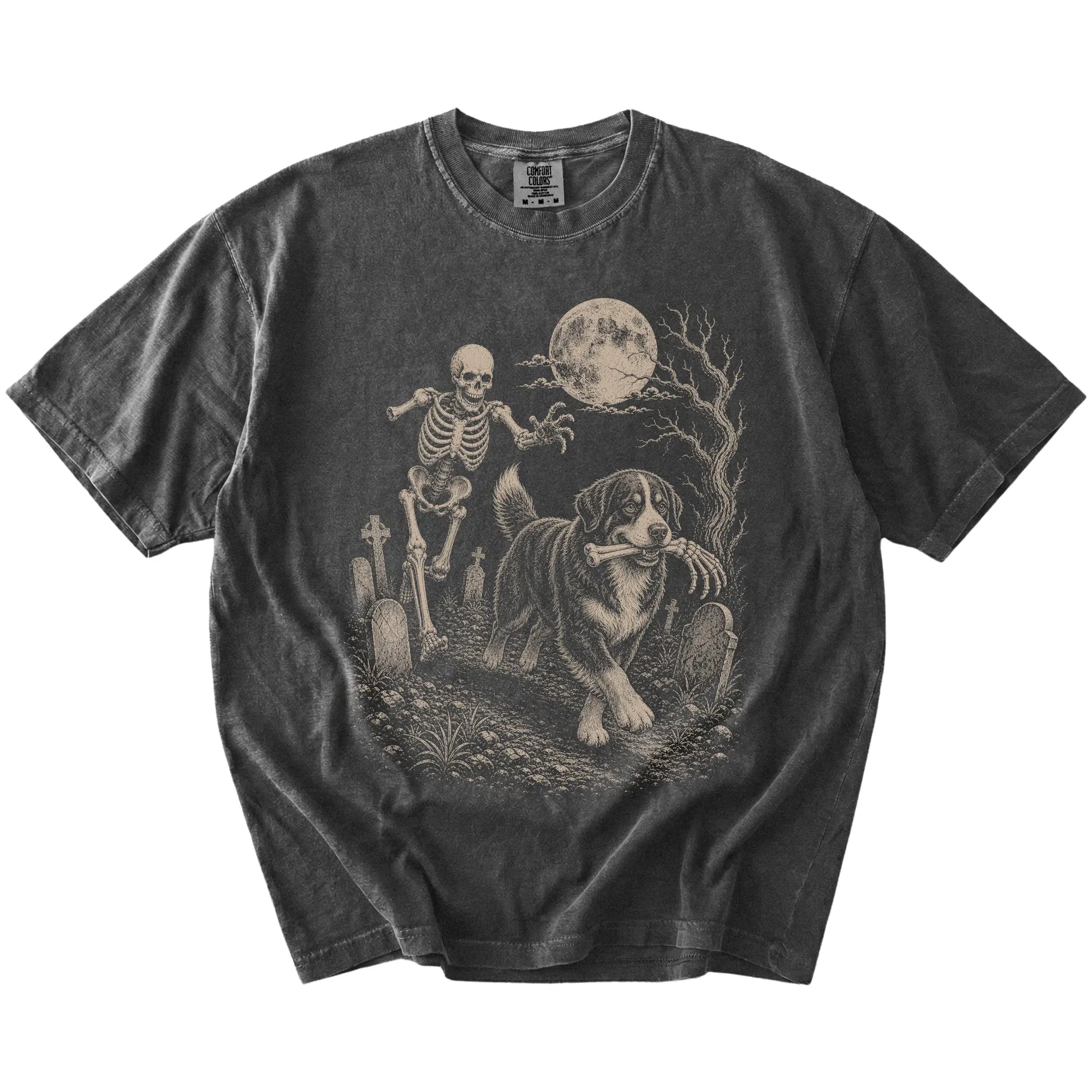 Bernese Mountain Dog running from a skeleton on a Pepper Comfort Colors® T-shirt