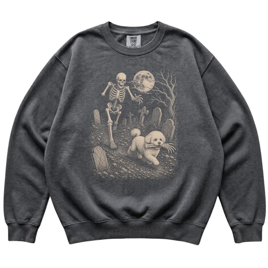 Pepper Skeleton Chase Bichon Frise Comfort Colors sweatshirt, flat view