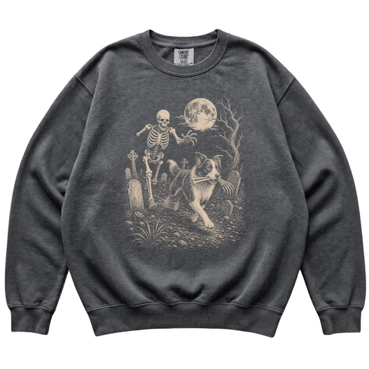 Pepper Skeleton Chase Border Collie Comfort Colors sweatshirt, flat view