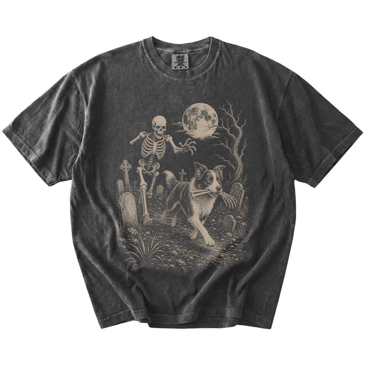 Border Collie running from a skeleton on a Pepper Comfort Colors® T-shirt