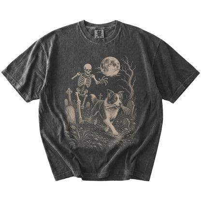 Border Collie running from a skeleton on a Pepper Comfort Colors® T-shirt