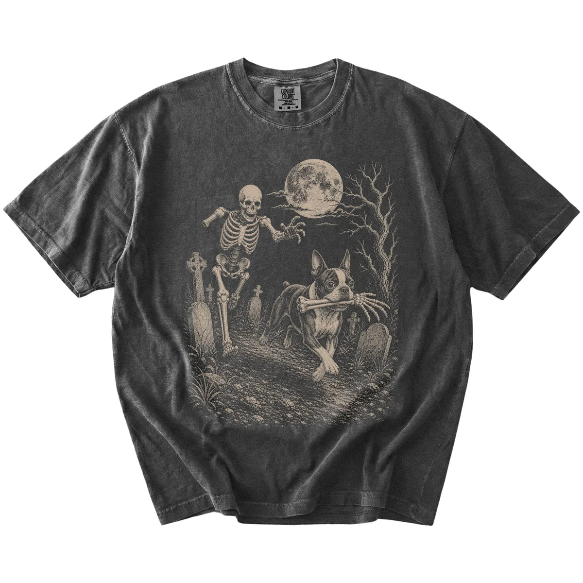 Boston Terrier running from a skeleton on a Pepper Comfort Colors® T-shirt