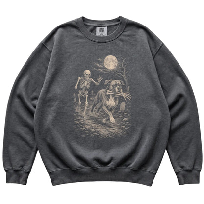 pepper sweatshirt with a Boxer carrying a skeleton arm through a graveyard.