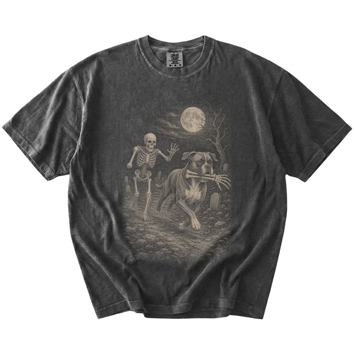 Boxer running from a skeleton on a Pepper Comfort Colors® T-shirt