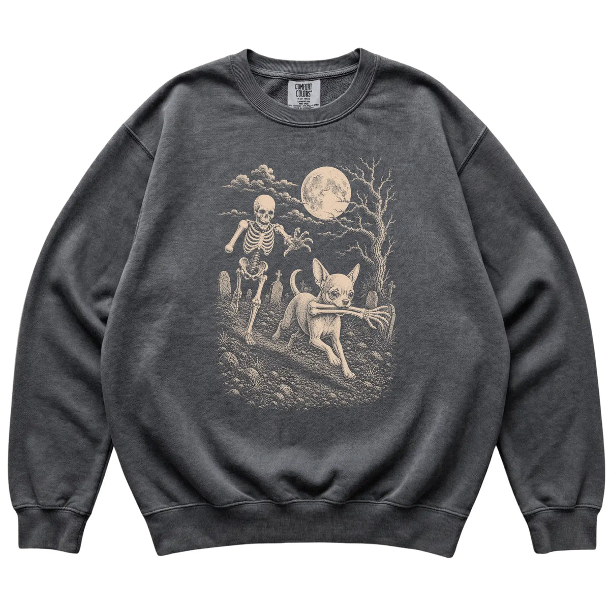 Pepper Skeleton Chase Chihuahua Comfort Colors sweatshirt, flat view