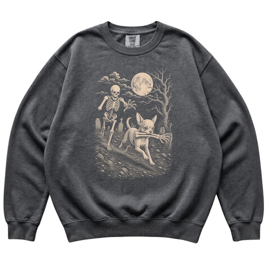 Pepper Skeleton Chase Chihuahua Comfort Colors sweatshirt, flat view