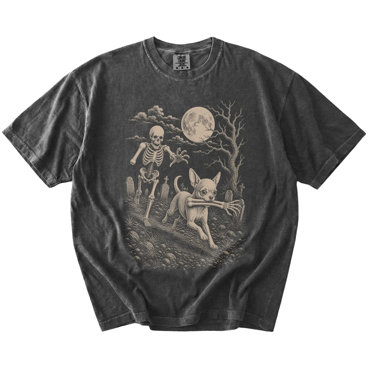 Chihuahua running from a skeleton on a Pepper Comfort Colors® T-shirt