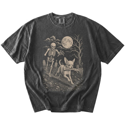 Chihuahua running from a skeleton on a Pepper Comfort Colors® T-shirt
