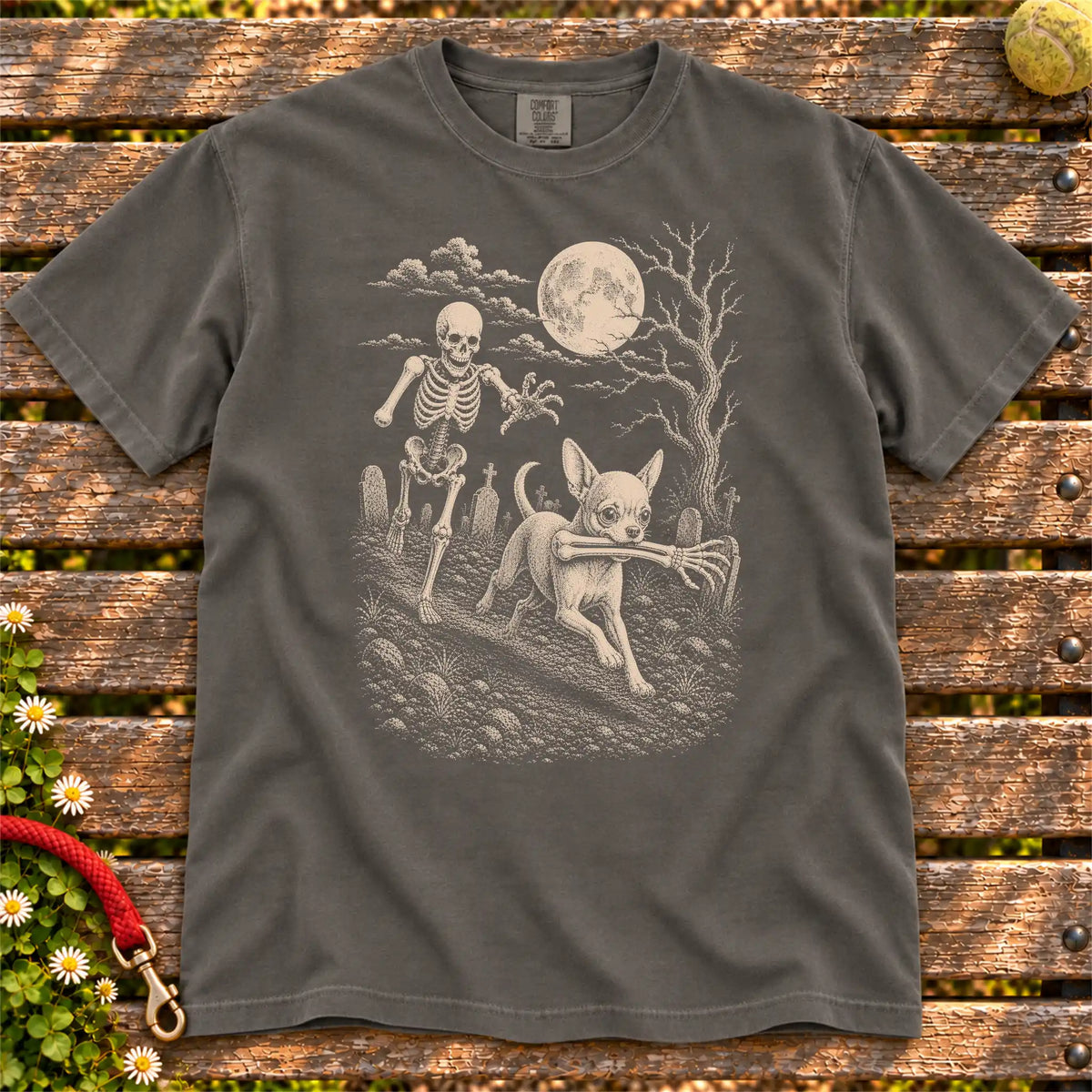 Chihuahua running from a skeleton on a Pepper Comfort Colors® T-shirt