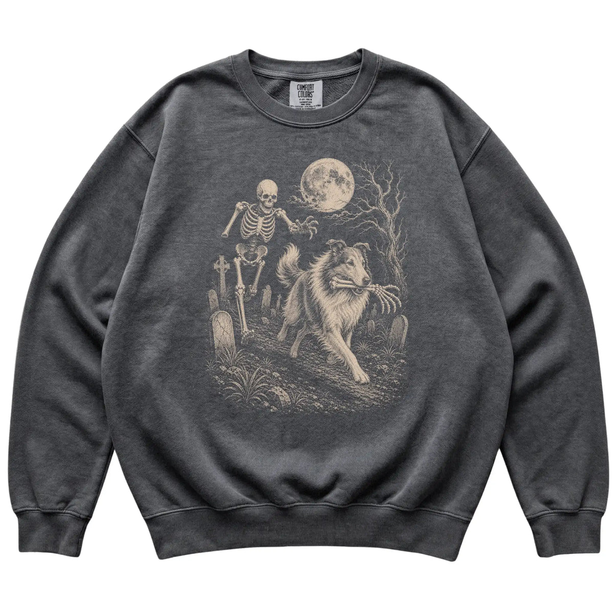 Pepper Skeleton Chase Collie Comfort Colors sweatshirt, flat view