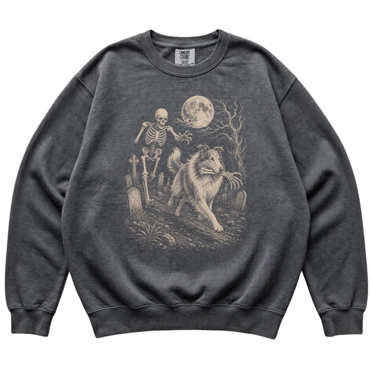 Pepper Skeleton Chase Collie Comfort Colors sweatshirt, flat view