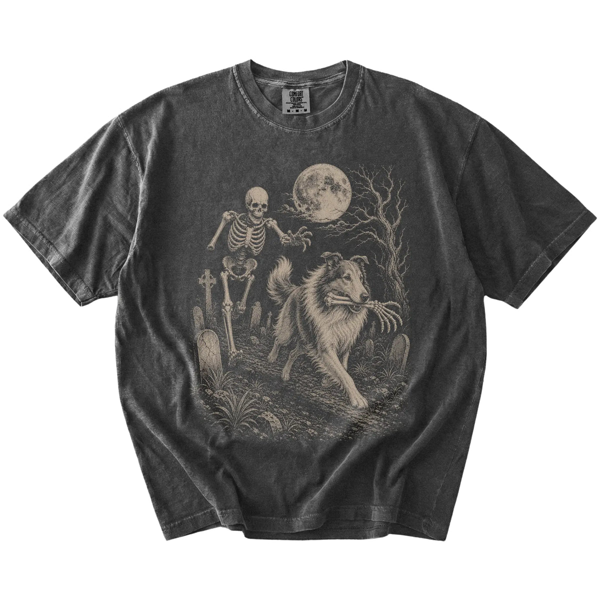 Collie running from a skeleton on a Pepper Comfort Colors® T-shirt