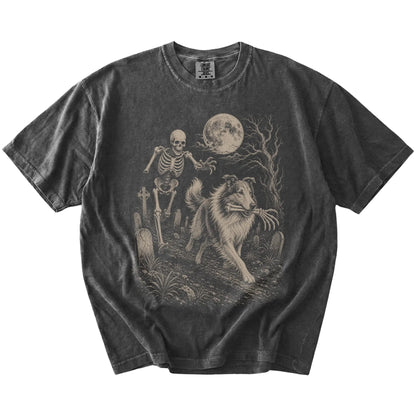 Collie running from a skeleton on a Pepper Comfort Colors® T-shirt