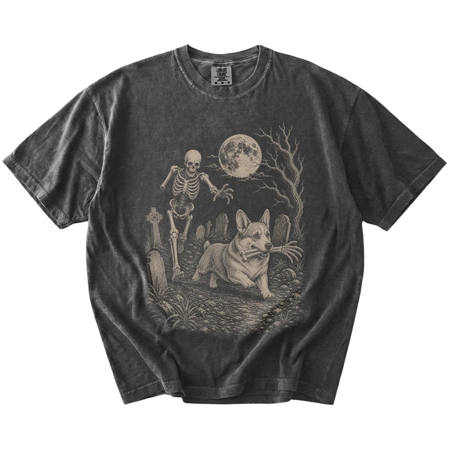 Corgi running from a skeleton on a Pepper Comfort Colors® T-shirt