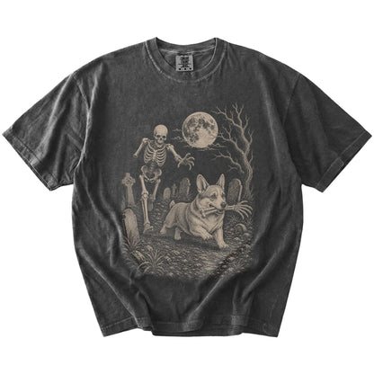 Corgi running from a skeleton on a Pepper Comfort Colors® T-shirt
