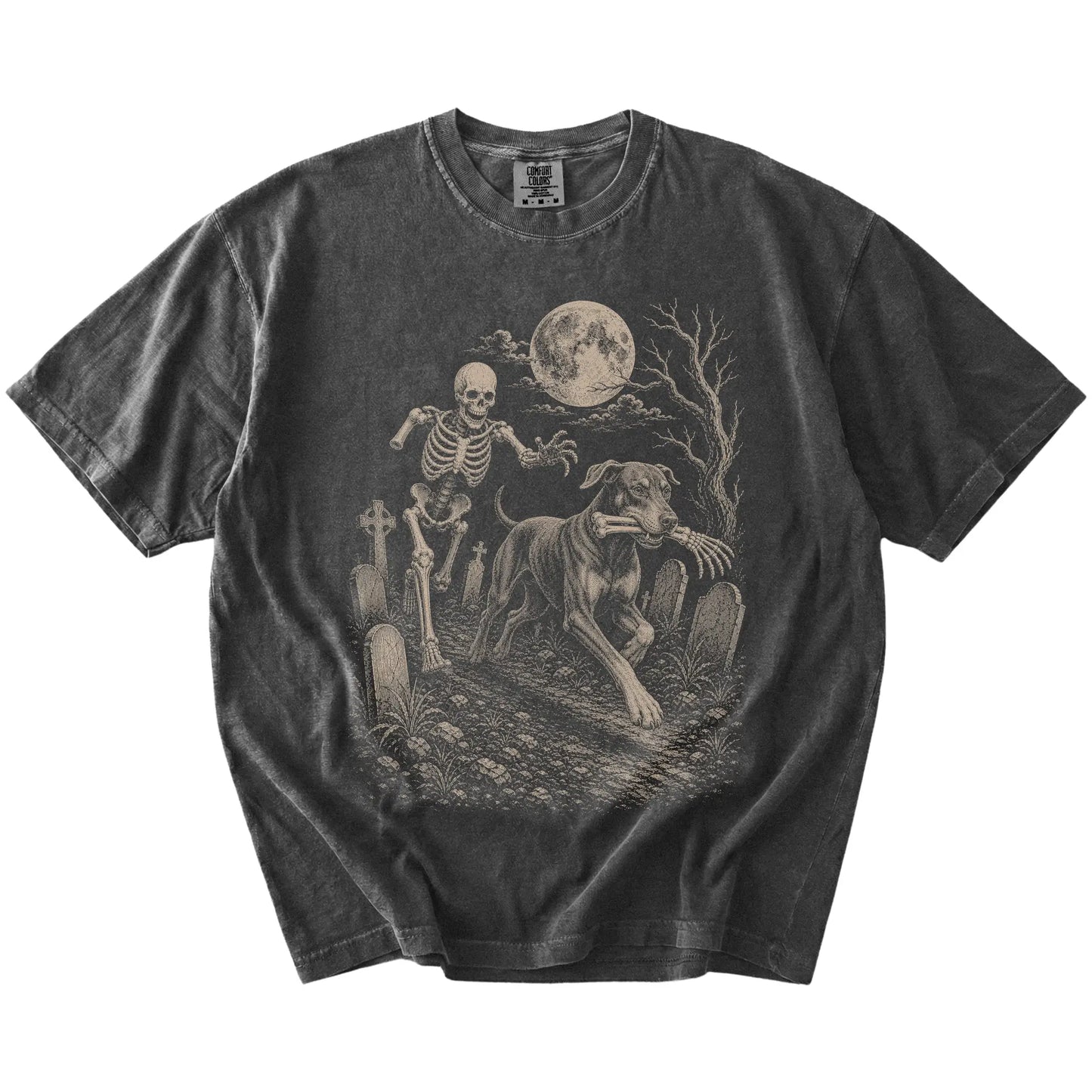 Doberman running from a skeleton on a Pepper Comfort Colors® T-shirt