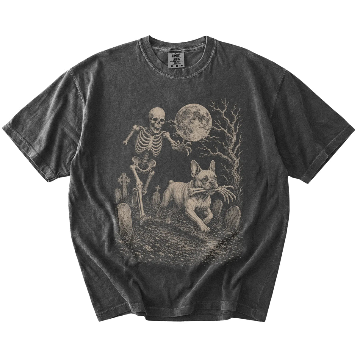 French Bulldog running from a skeleton on a Pepper Comfort Colors® T-shirt
