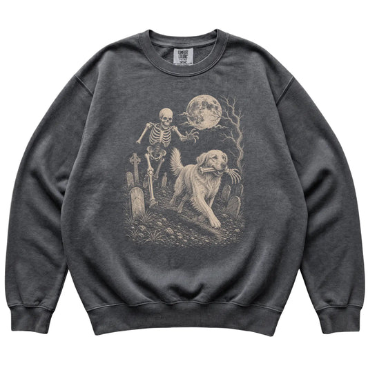 Pepper Skeleton Chase Golden Retriever Comfort Colors sweatshirt, flat view