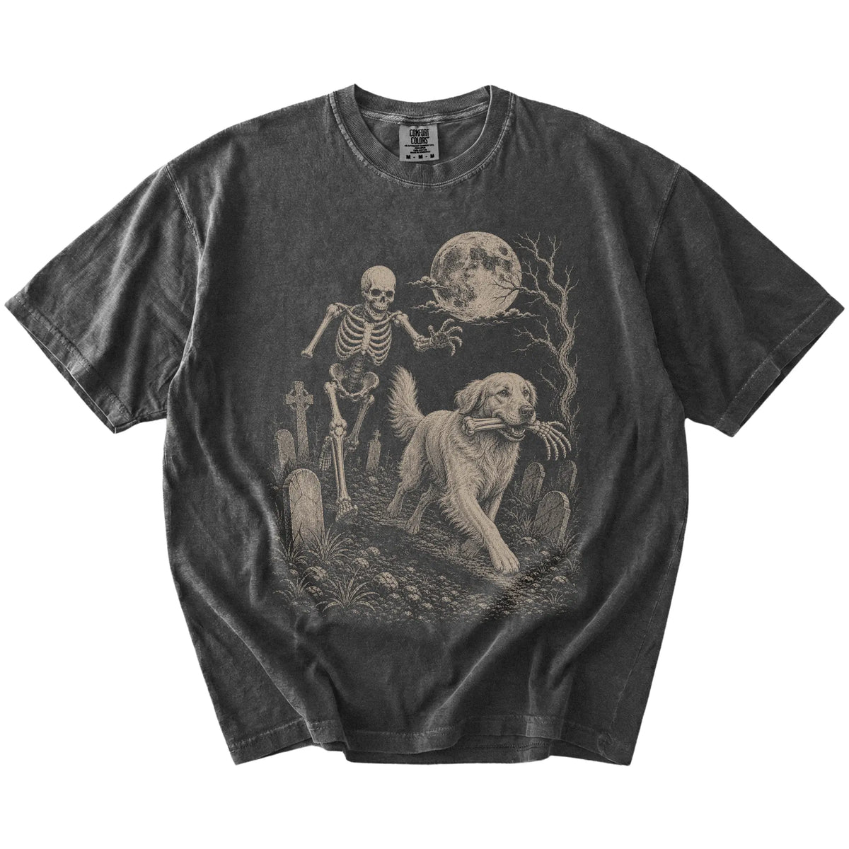 Golden Retriever running from a skeleton on a Pepper Comfort Colors® T-shirt