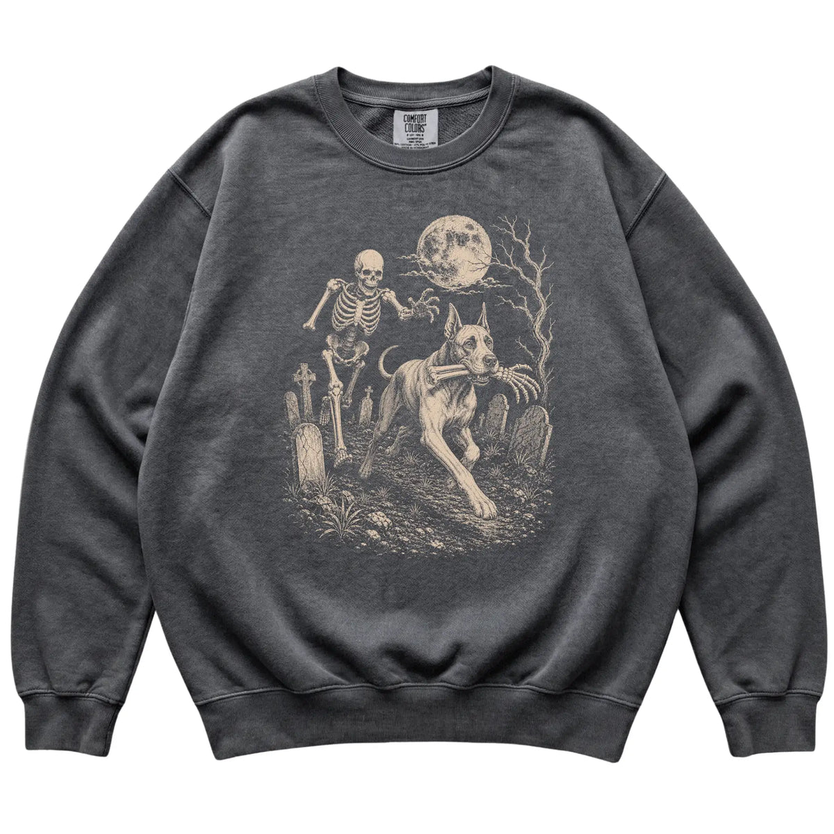 Pepper Skeleton Chase Great Dane Comfort Colors sweatshirt, flat view
