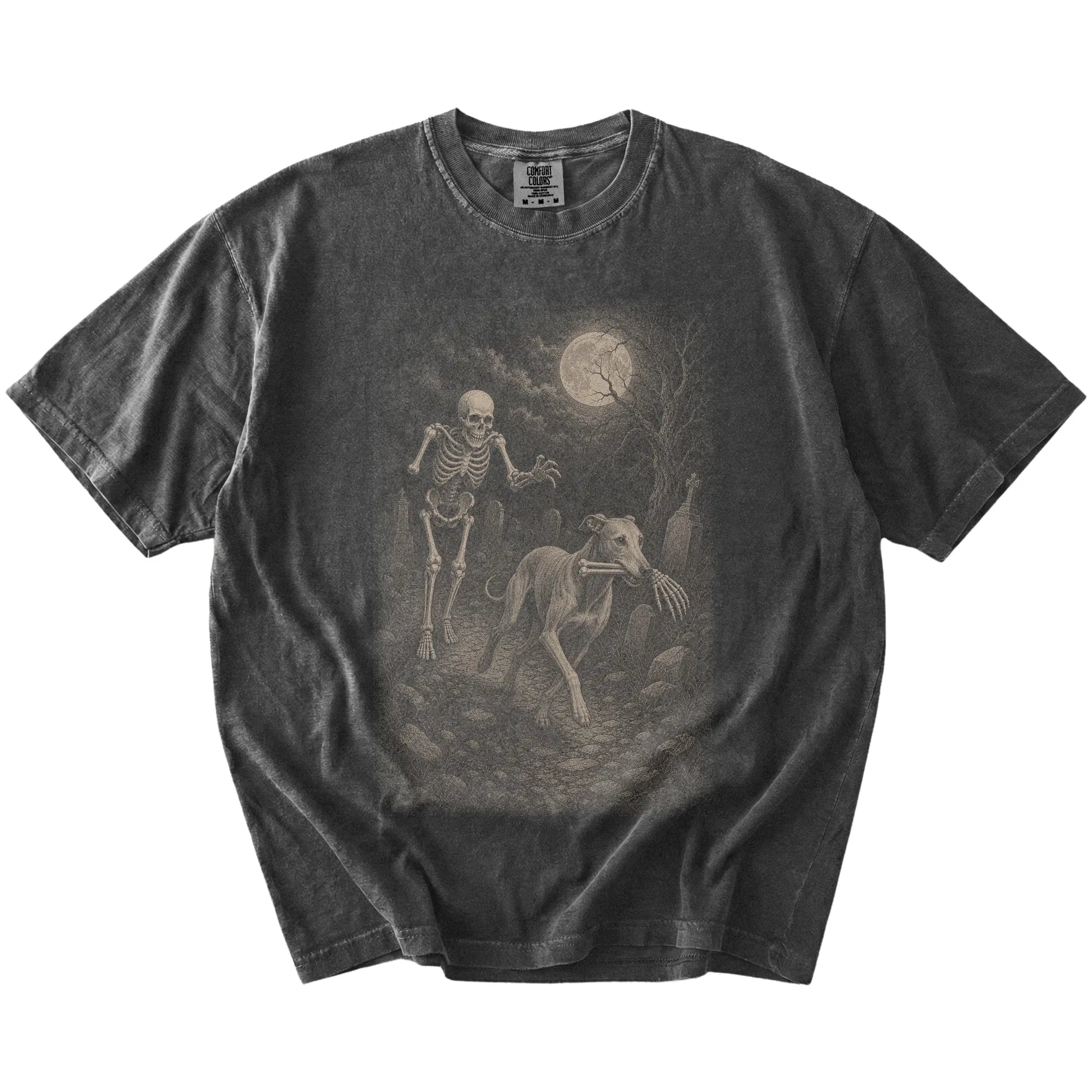 Greyhound running from a skeleton on a Pepper Comfort Colors® T-shirt