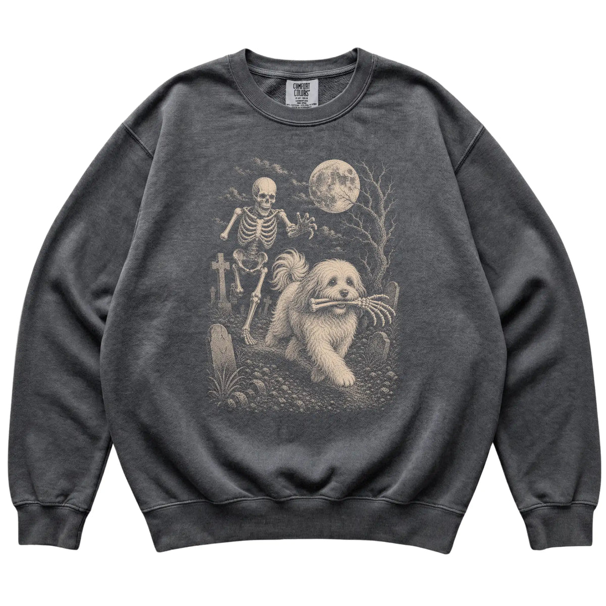 Pepper Skeleton Chase Havanese Comfort Colors sweatshirt, flat view