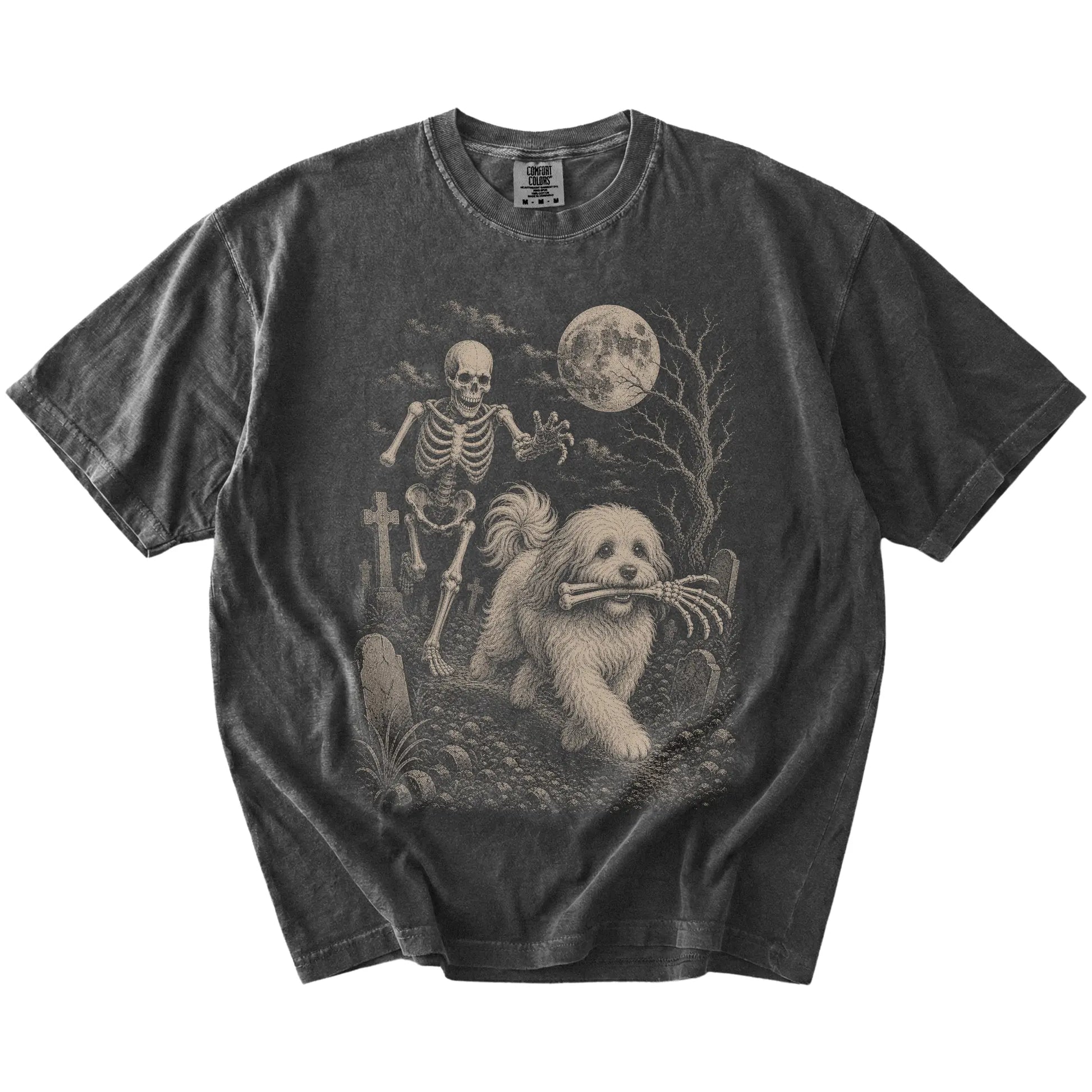 Havanese running from a skeleton on a Pepper Comfort Colors® T-shirt