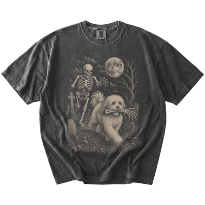 Havanese running from a skeleton on a Pepper Comfort Colors® T-shirt