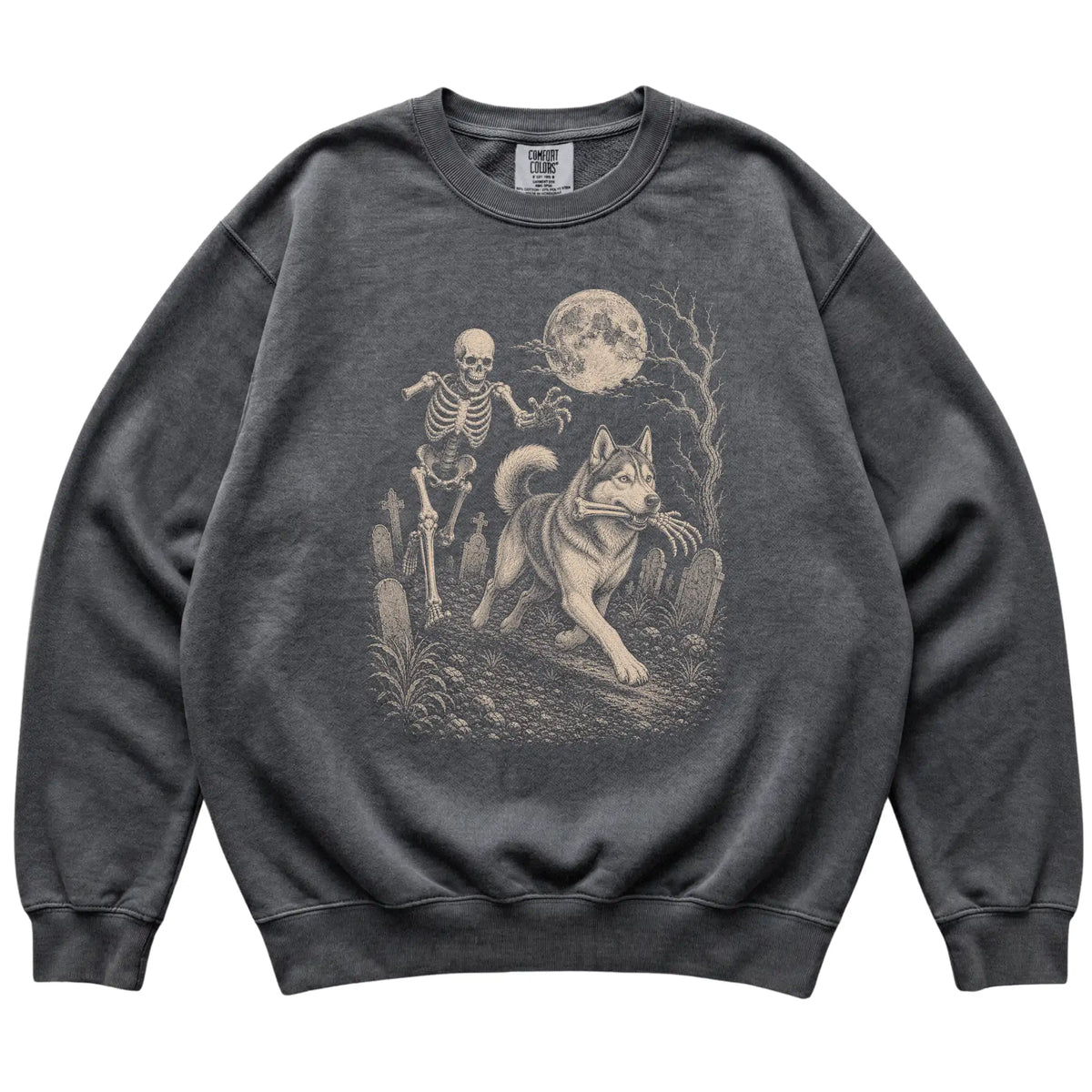 Pepper Skeleton Chase Husky Comfort Colors sweatshirt, flat view