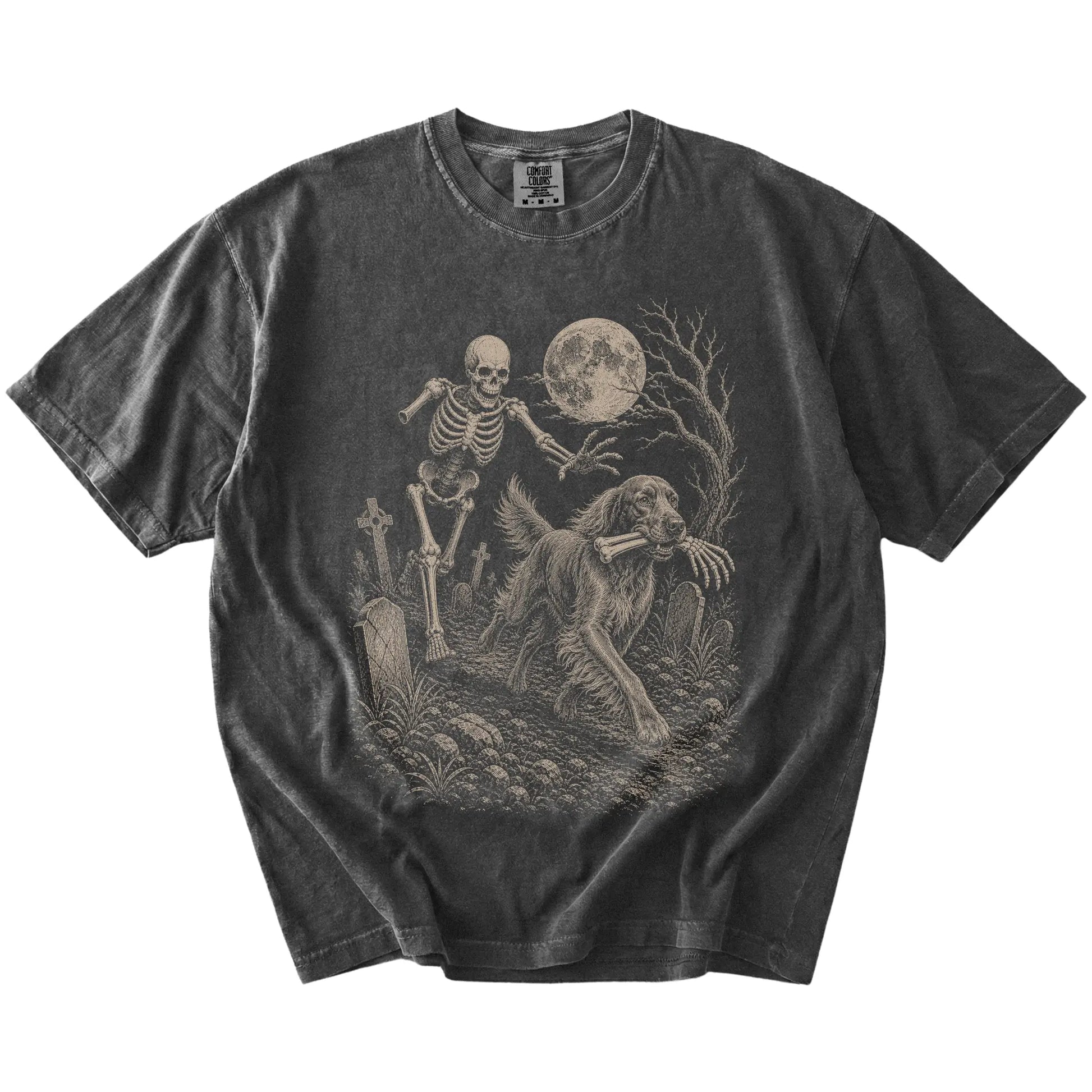 Irish Setter running from a skeleton on a Pepper Comfort Colors® T-shirt
