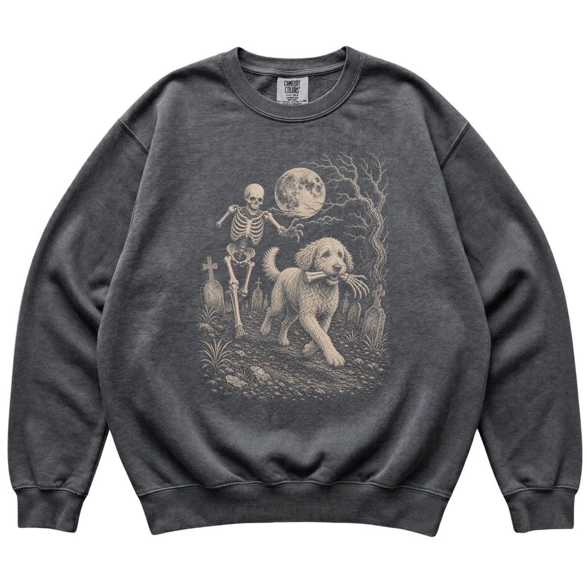 Pepper Skeleton Chase Labradoodle Comfort Colors sweatshirt, flat view