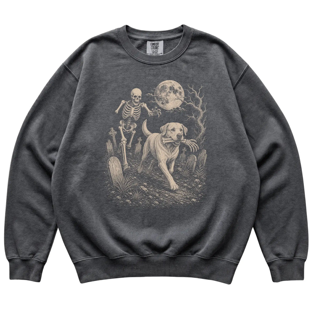 Pepper Skeleton Chase Labrador Retriever Comfort Colors sweatshirt, flat view