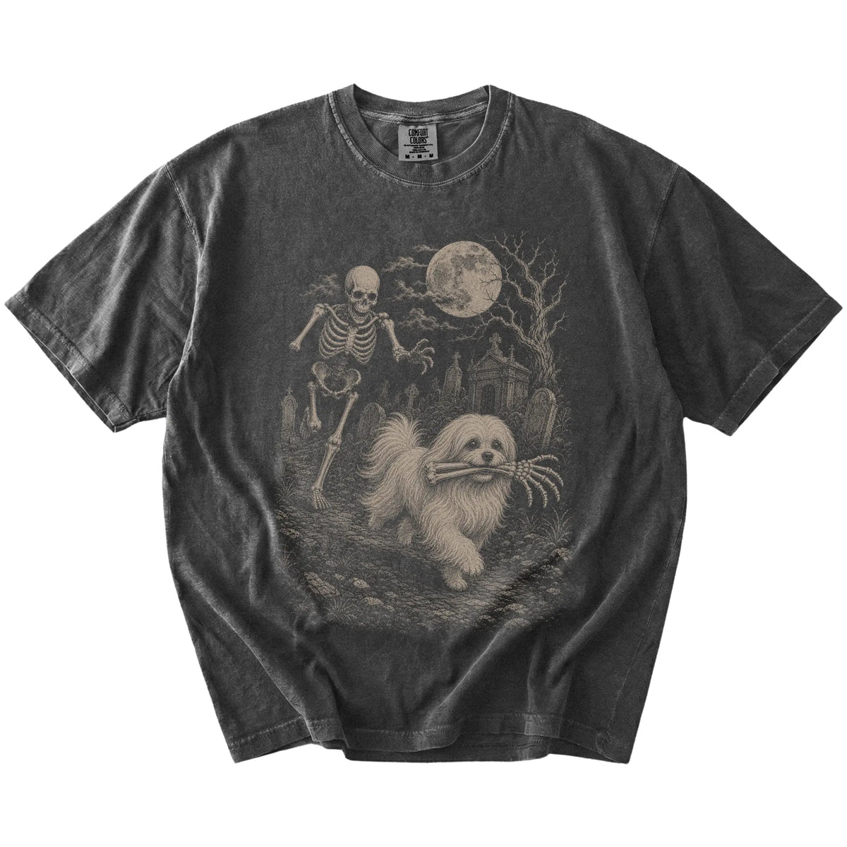 Maltese running from a skeleton on a Pepper Comfort Colors® T-shirt