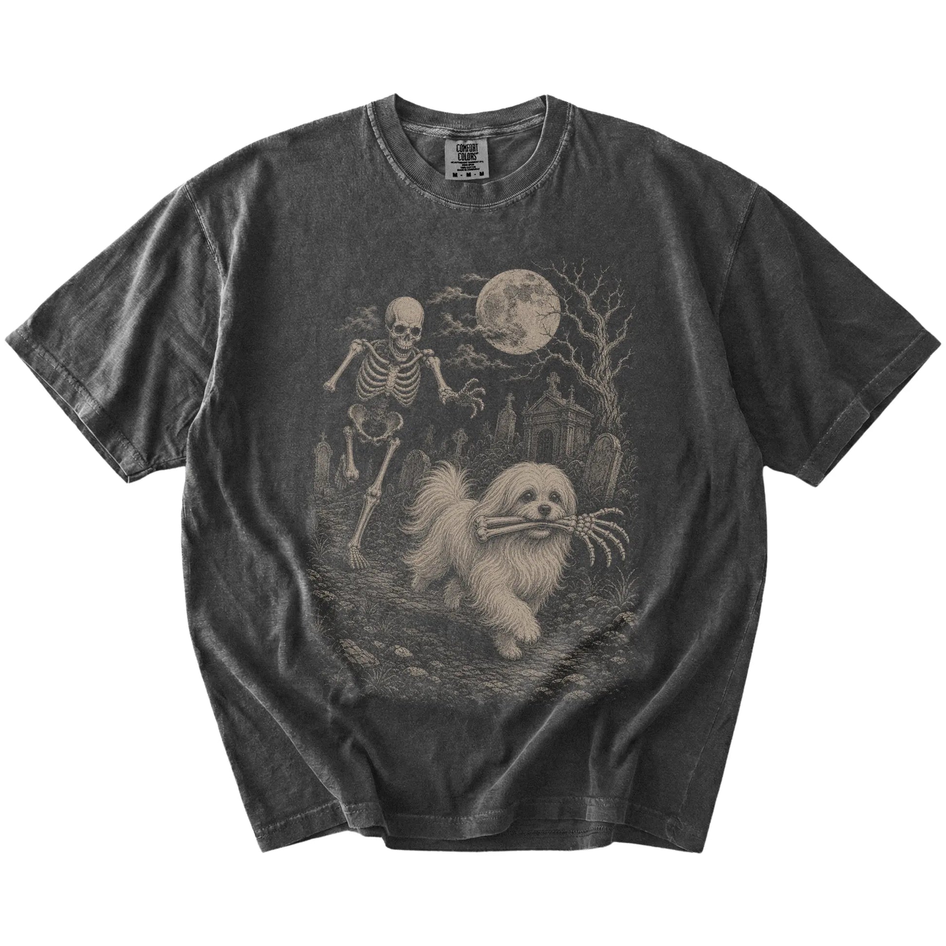 Maltese running from a skeleton on a Pepper Comfort Colors® T-shirt
