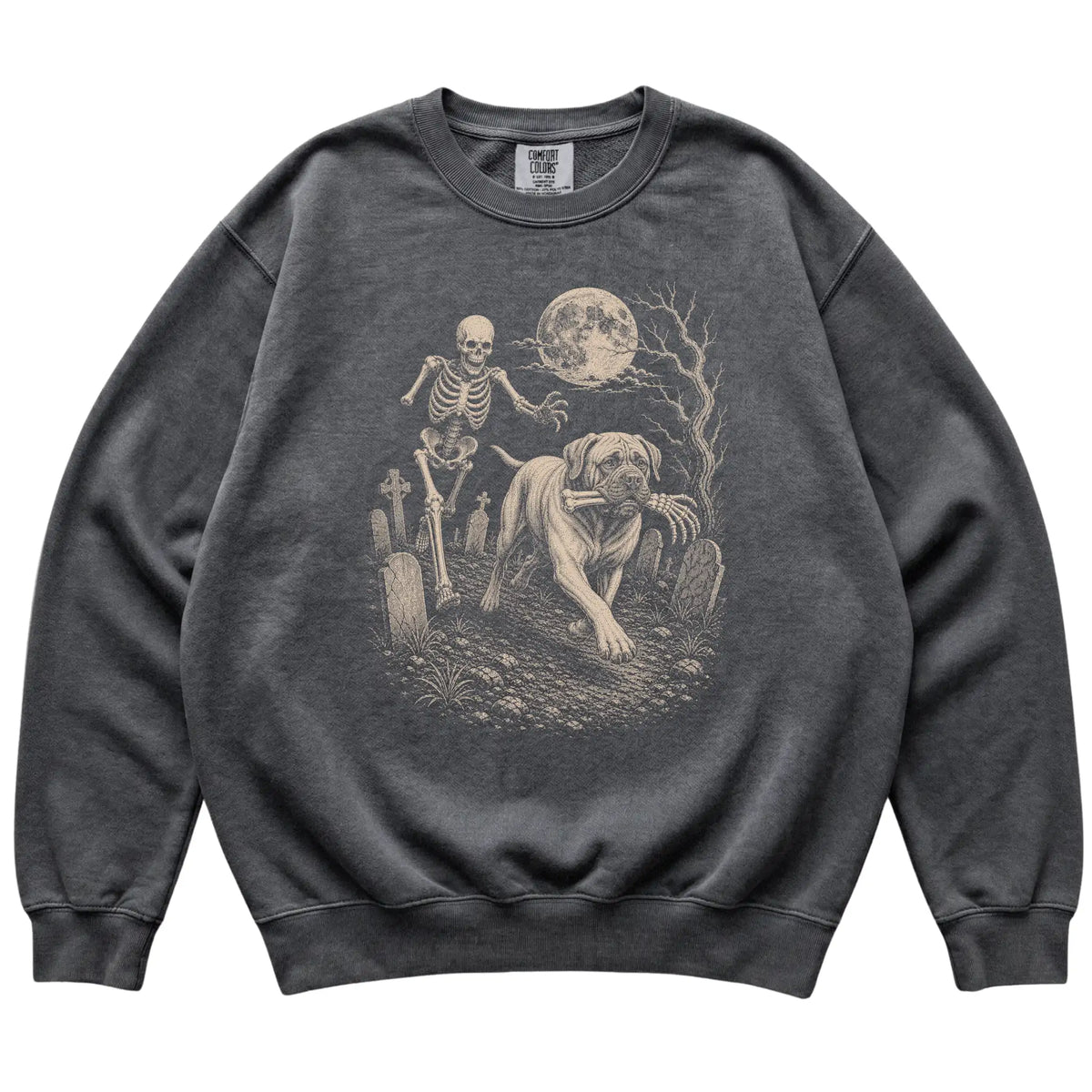 Pepper Skeleton Chase Mastiff Comfort Colors sweatshirt, flat view