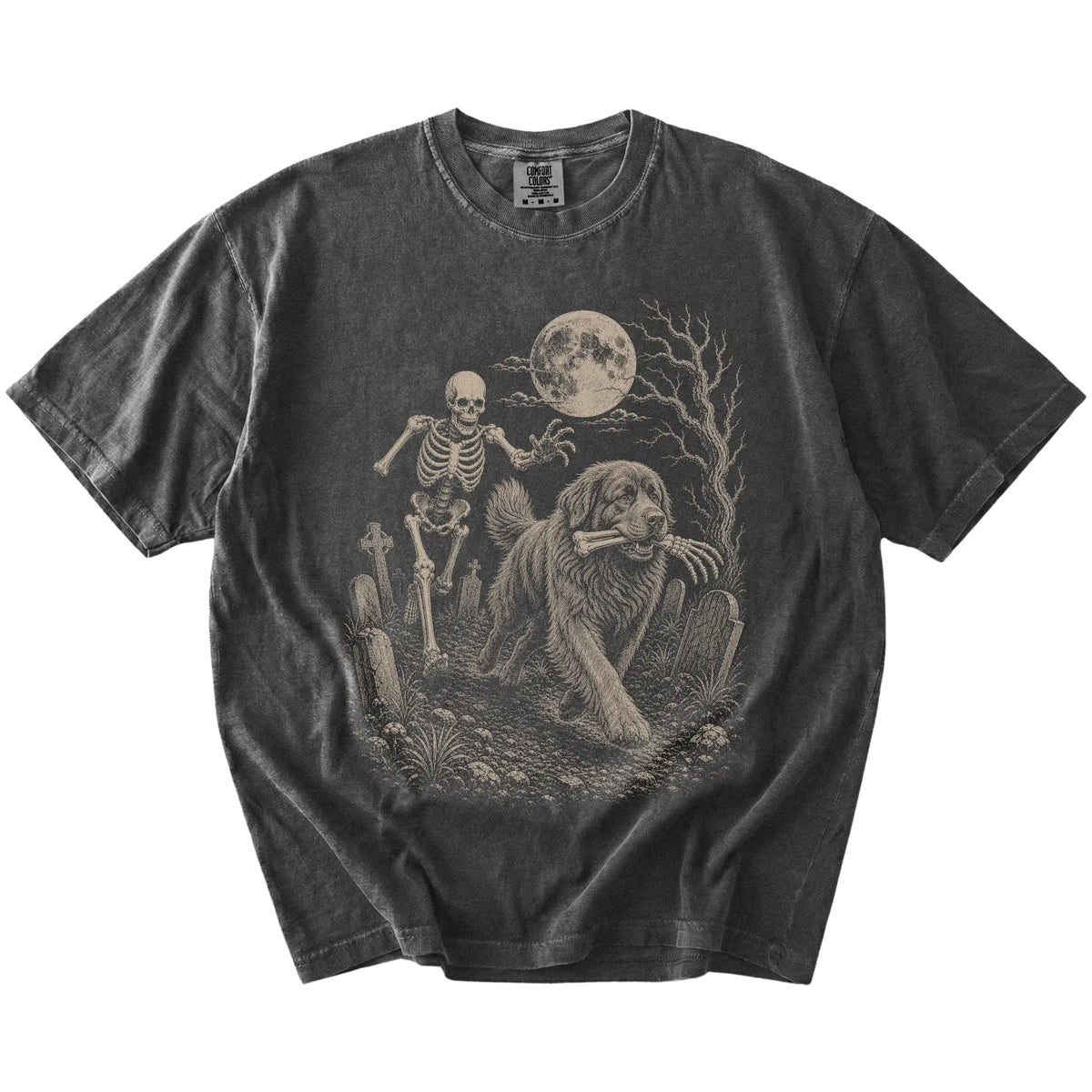 Newfie running from a skeleton on a Pepper Comfort Colors® T-shirt