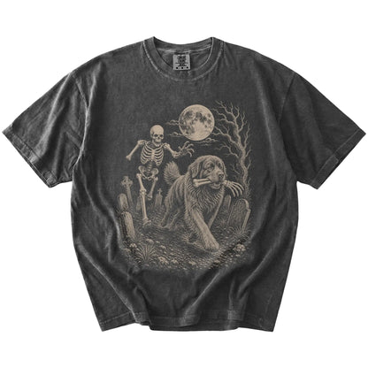 Newfie running from a skeleton on a Pepper Comfort Colors® T-shirt