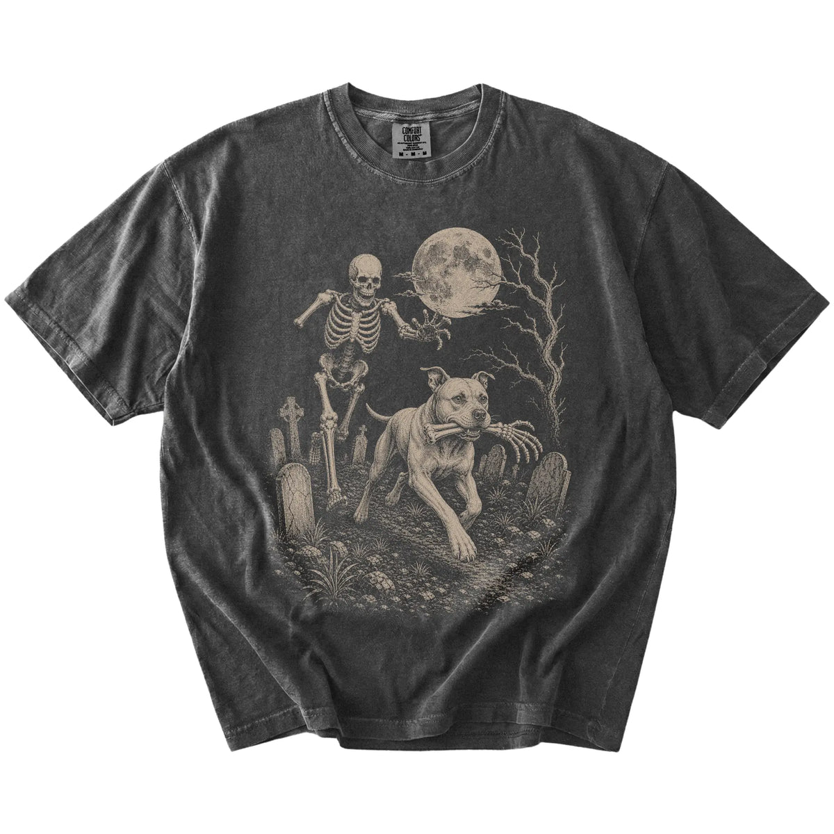 Pitbull running from a skeleton on a Pepper Comfort Colors® T-shirt
