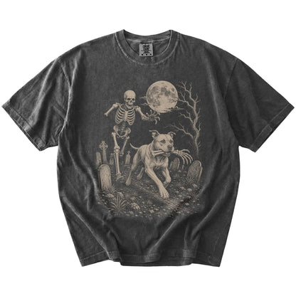 Pitbull running from a skeleton on a Pepper Comfort Colors® T-shirt