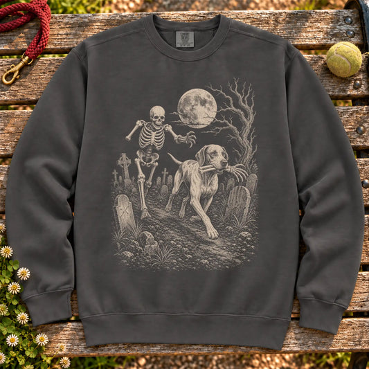 Pointer Skeleton Chase on a Pepper crewneck sweatshirt, shown flat
