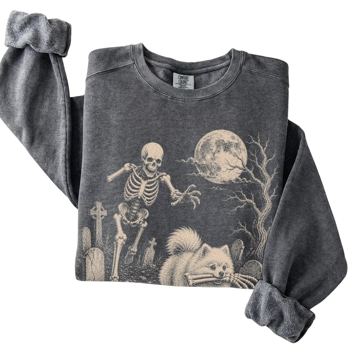 Pepper Skeleton Chase Pomeranian Comfort Colors sweatshirt, folded view