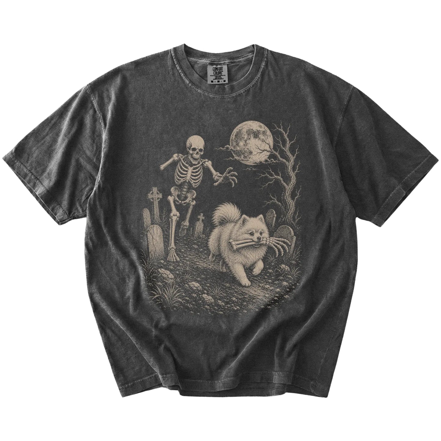 Pomeranian running from a skeleton on a Pepper Comfort Colors® T-shirt
