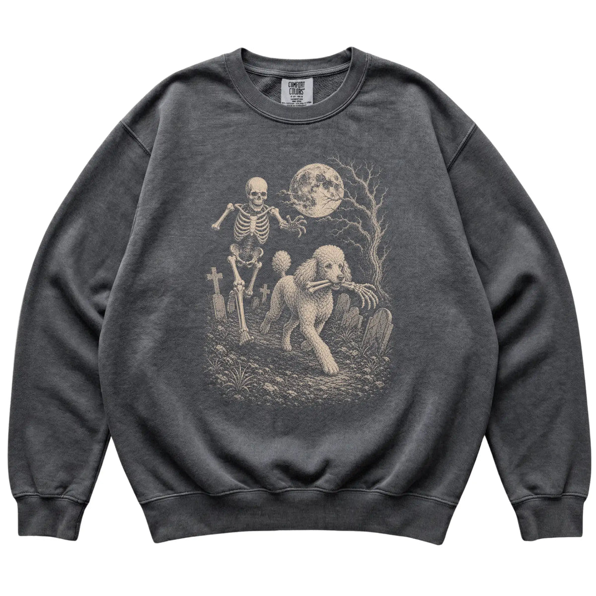 Pepper Skeleton Chase Poodle Comfort Colors sweatshirt, flat view